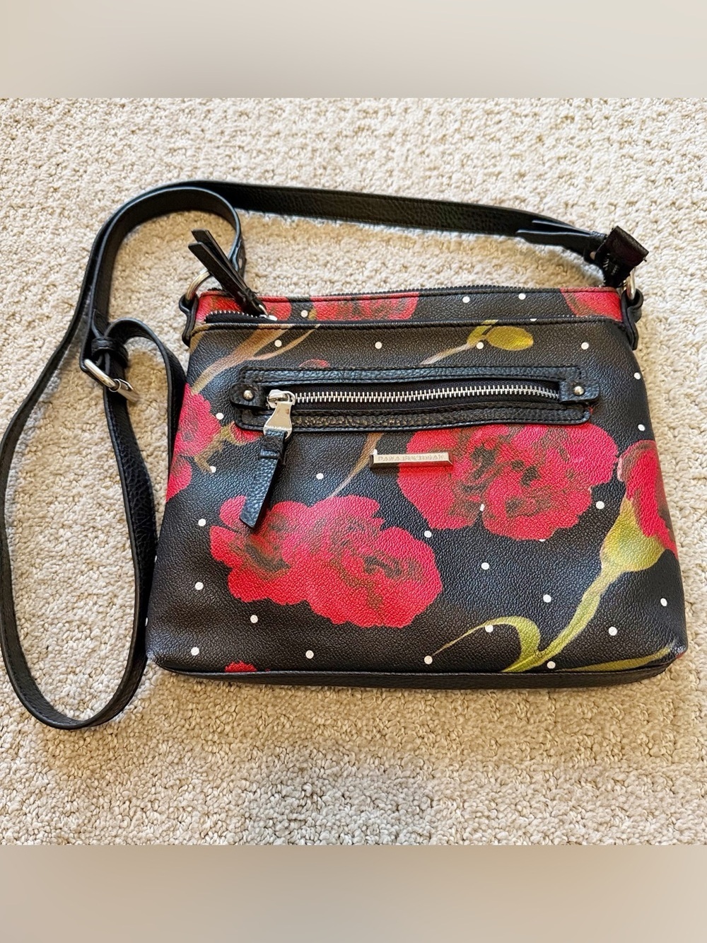 Dana Buchman Crossbody Bag Red Floral White Polka Dot Black Faux Leather